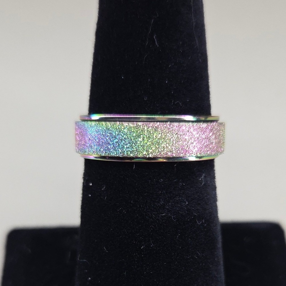 Rainbow Spinner Ring Textured Glitter Fidget Band Oil Slick Iridescent Size 8